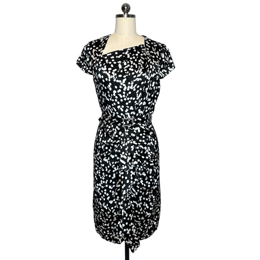 Rickie Freeman for Teri Jon Black Silk Rhinestone Belted Polka Dot Midi Dress| 8